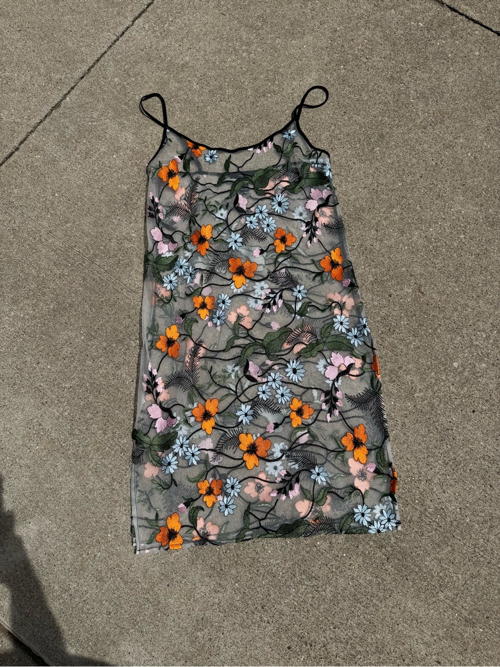 Forever 21 Black Mesh Floral Slip Dress with Orange, Pink & Blue Embroidery